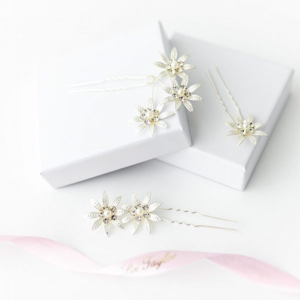 CHIC CRYSTAL ENCRUSTED FLOWER HAIR PINS SILVER
