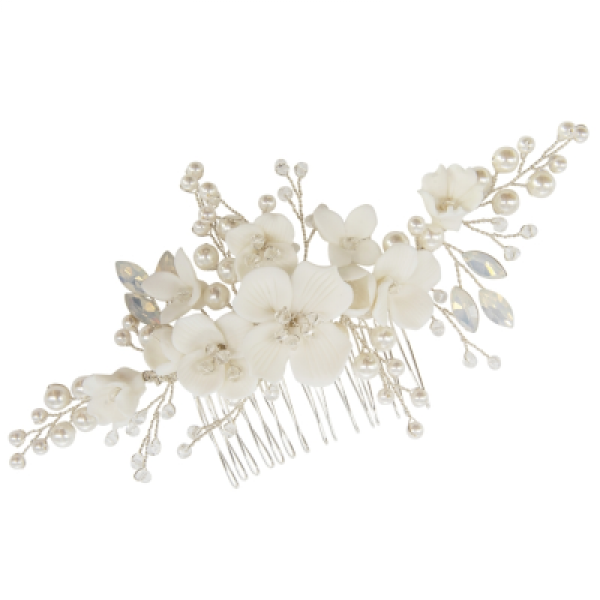 HARPER FLOWER AND PEARL HAIR COMB SILVER