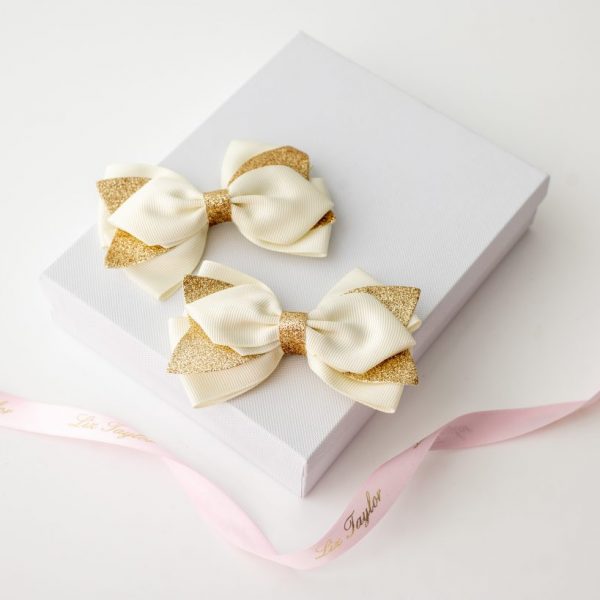 GRACIE FLOWER GIRL IVORY & GOLD HAIR BOW SET
