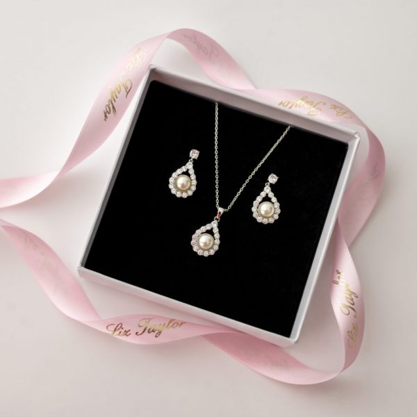 TEAR DROP PEARL ENCHANTED NECKLACE & EARRING SET - SILVER