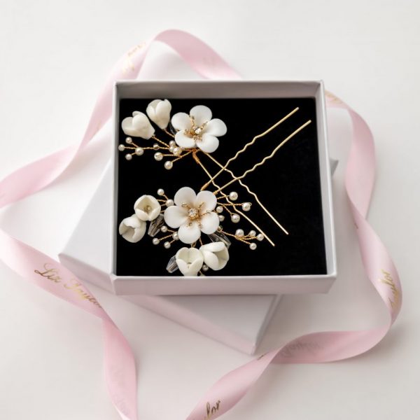 AURELIA CLAY FLOWER & PEARL HAIRPIN SET - GOLD