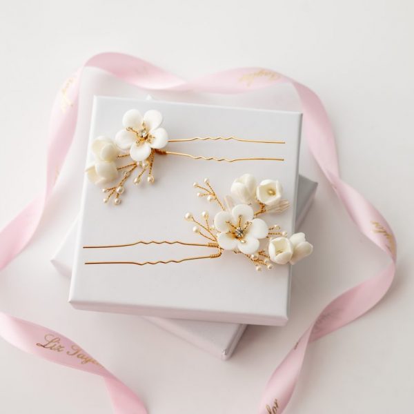 AURELIA CLAY FLOWER & PEARL HAIRPIN SET - GOLD