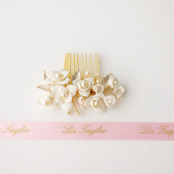 LILY FLOWER & PEARL IVORY HAIR COMB - GOLD
