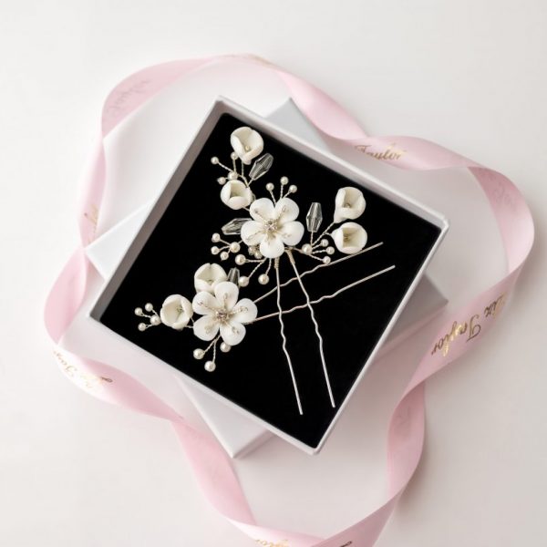AURELIA CLAY FLOWER & PEARL HAIRPIN SET - SILVER