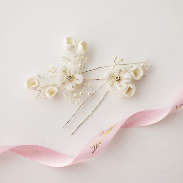 AURELIA CLAY FLOWER & PEARL HAIRPIN SET - SILVER