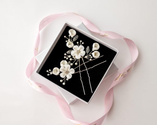 AURELIA CLAY FLOWER & PEARL HAIRPIN SET - SILVER