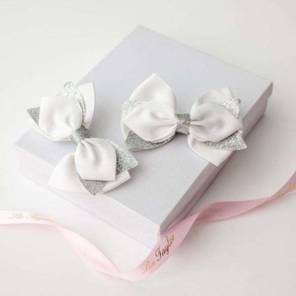 GRACIE FLOWER GIRL WHITE & SILVER HAIR BOW SET