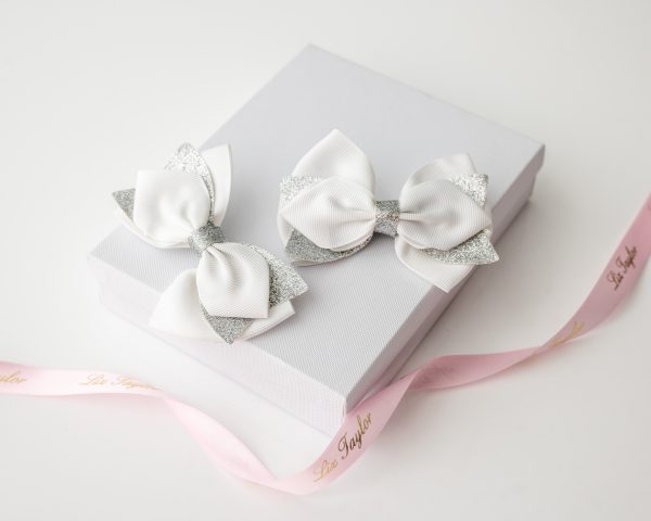 GRACIE FLOWER GIRL WHITE & SILVER HAIR BOW SET